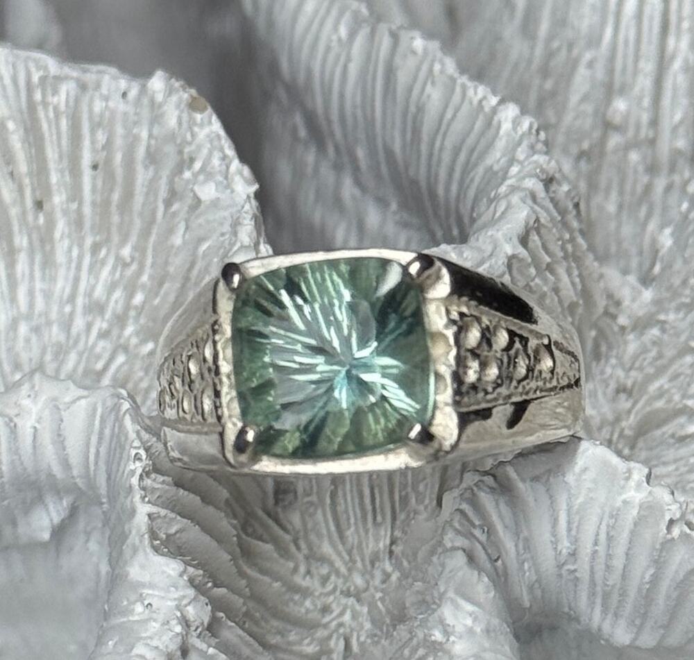 925 Sterling Silver Prasiolite Men'S Ring Size 9